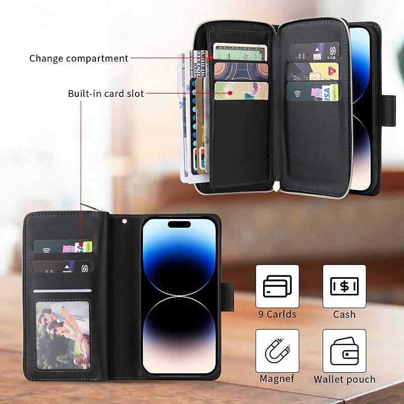Чехол для iPhone 16 iPhone 15 Pro Max iPhone 14 13 12 11 Pro Max Mini SE X XR XS Max 8 7 Plus с кошельком и молнией с запястным ремешком подставка ретро TPU PU-кожа 2025 - $24.99 –P2