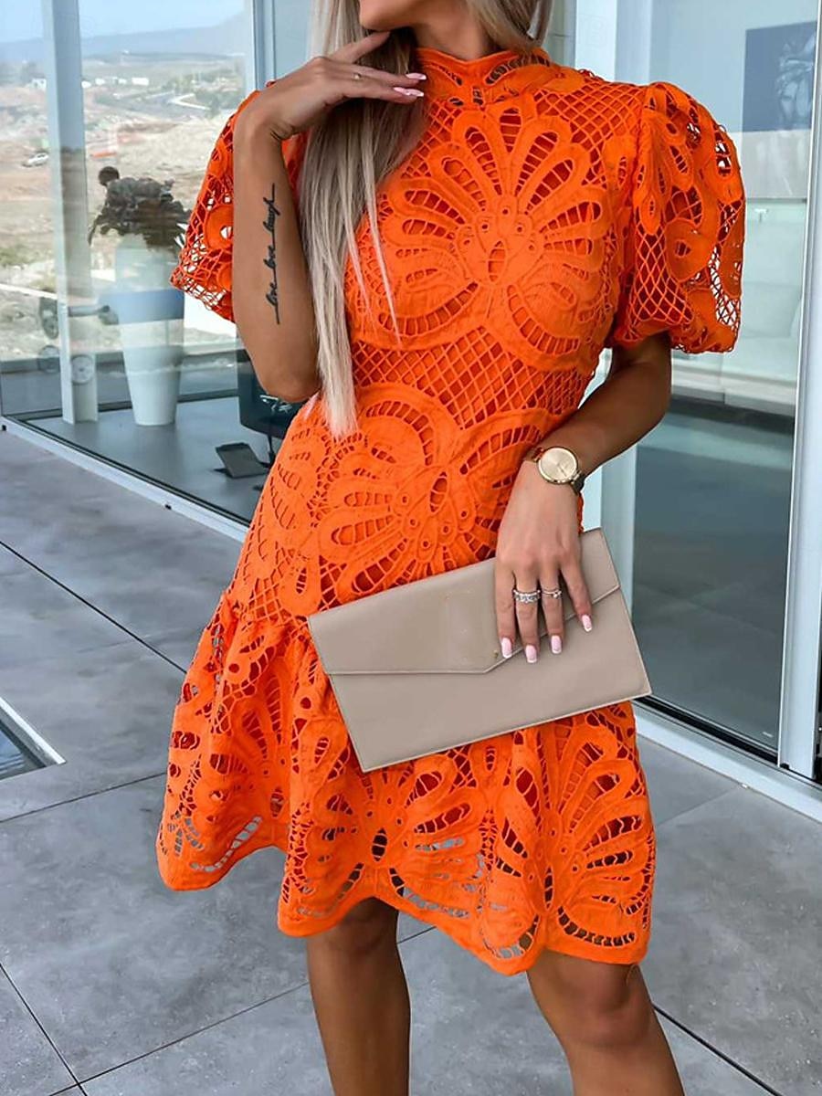 Damen Minikleid Spitzenkleid Weißes Kleid Weißes Spitzenhochzeitskleid Elegant Urlaub Ferien Normale Passform Kurzarm Stehkragen Weiß Purpur Fuchsie Orange Sommer 2026 - $38.99 –P15