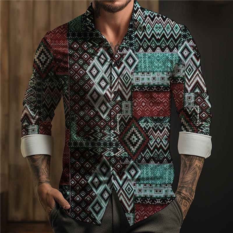 Per uomo Azteca Geometrica Tribale Camicia con bottoni Camicie stampate Manica lunga Boho Da mare Strada Corsa di cavalli Primavera estate Collo ripiegabile Stampa Bottone giù Rosa Rosso Blu marino del 2025 a $24.99 –P3