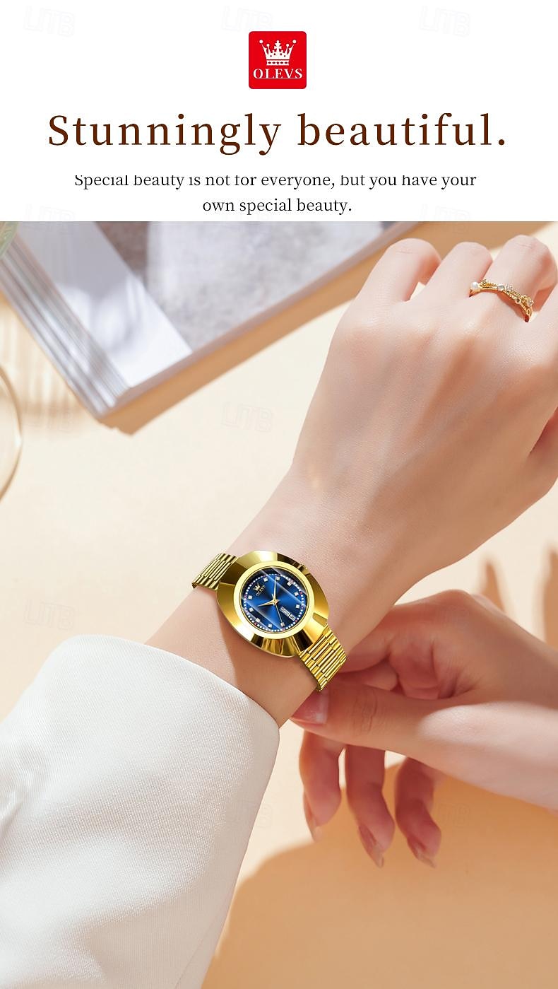 OLEVS Women's Watches Luxury Gold Large Dial Original Wristwatch for Girl Waterproof Luminous Fashionable Diamond Dial Date Week 7017 2025 - $46.99 –P4