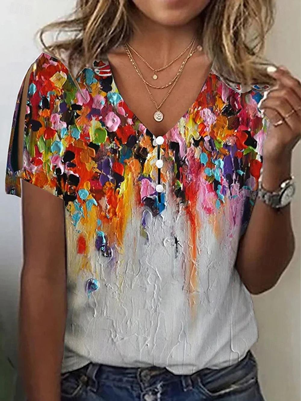 Damenbluse mit V-Ausschnitt, kurze Ärmel, geschlitzt, Blumendruck, lässiges Sommeroberteil, Knopfverschluss vorne, weicher Stoff, Standardgrößen, mehrfarbig, normale Passform, modische Kleidung 2026 - $24.99 –P3