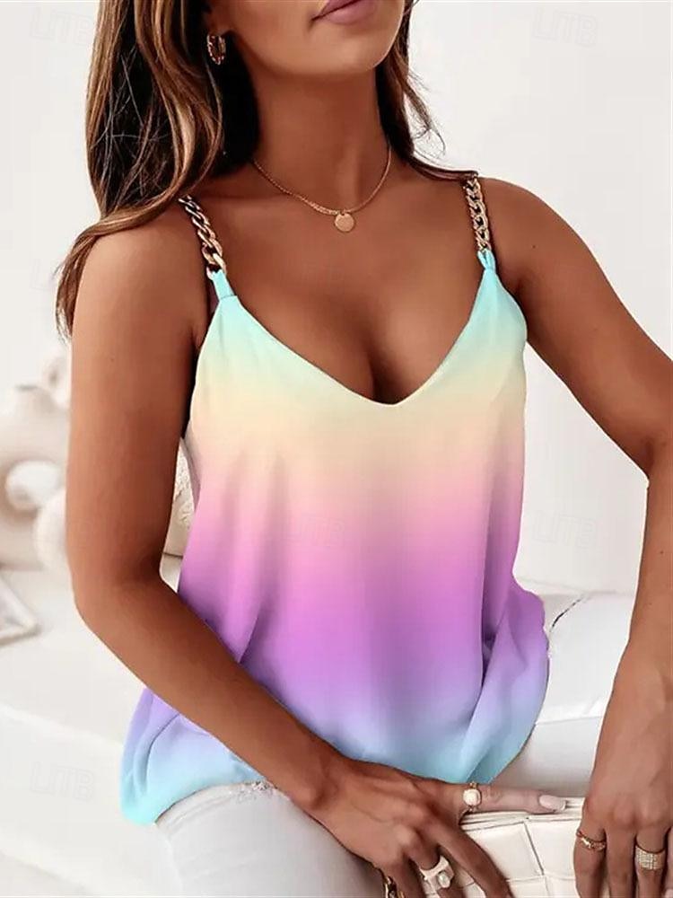 Top de damă fără mâneci cu bretele imprimeu de modă bluze obișnuite de tip V casual negru roșu albastru violet verde vară 2025 - $16.99 –P1