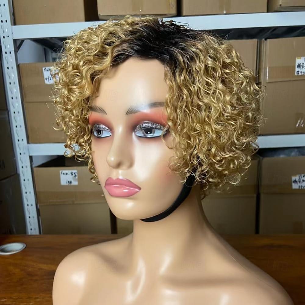 Perruques de cheveux humains bouclés courts pour les femmes noires perruque de partie latérale coupe de lutin cheveux humains brésiliens remy profonds bouclés aucun avant de lacet ombre blonde de 2025 ? $78.99 –P3