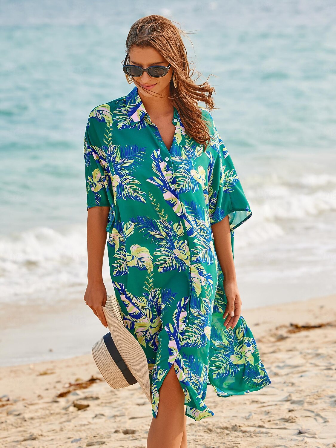 lehtikuvioinen paita lyhythihainen midi-mekko 2026 - $20.99 –P1