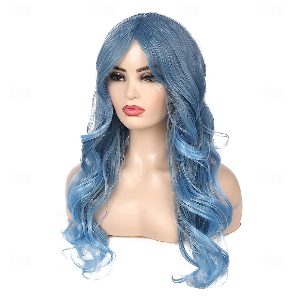 kék női paróka hosszú göndör hullámos pasztellkék paróka oldalrész szintetikus karneváli cosplay paróka 2025 - $19.99 –P4