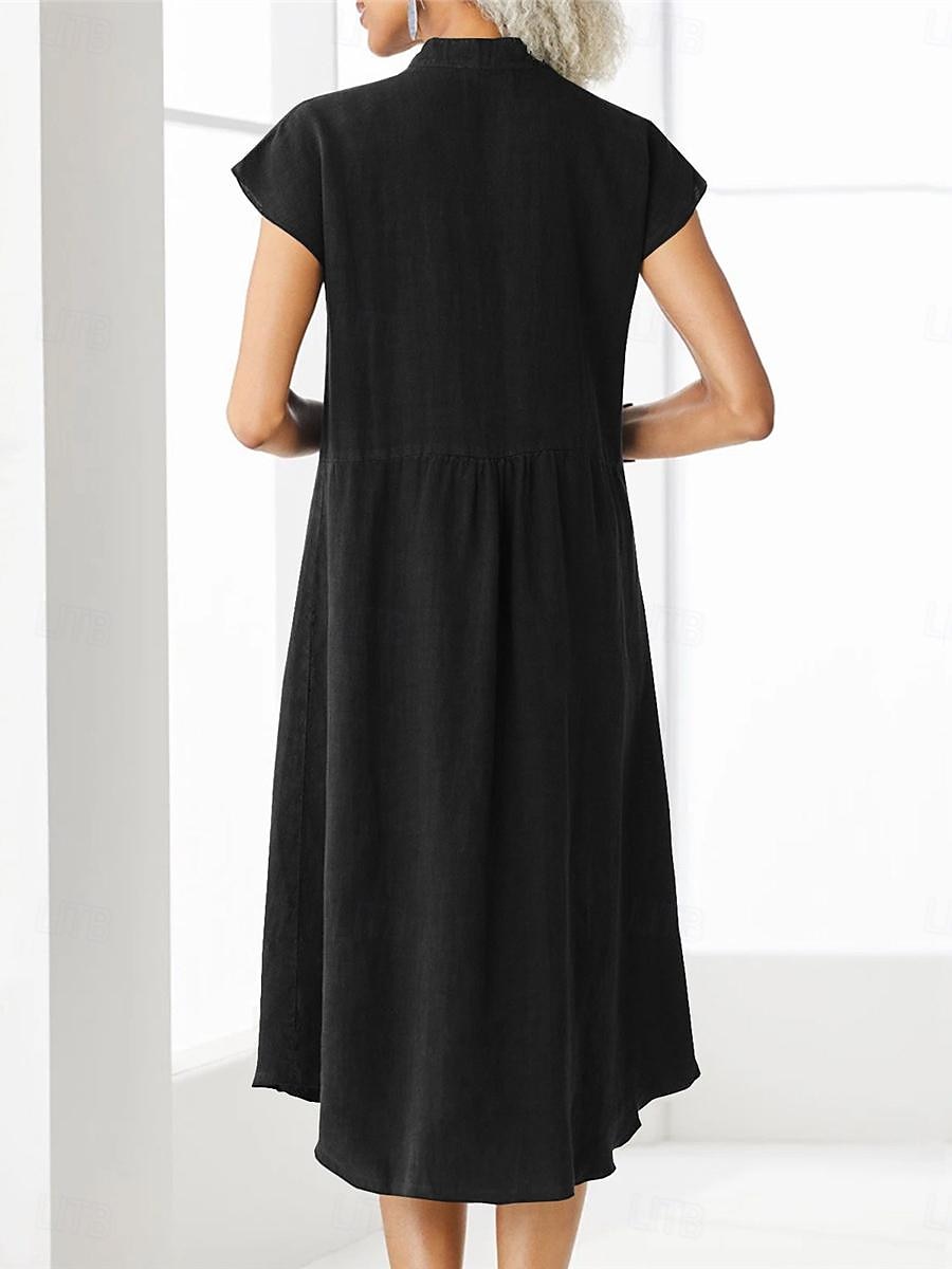 Pentru femei Negru Alb Roșu Vin Vară Primăvară Rochii Midi Rochii de in bumbac Rochii Tip Cămașă Rochie casual De Bază Modern Zilnic Sfârșit de săptămână Potrivire Largă Simplu Guler de stand 2025 - $22.99 –P10