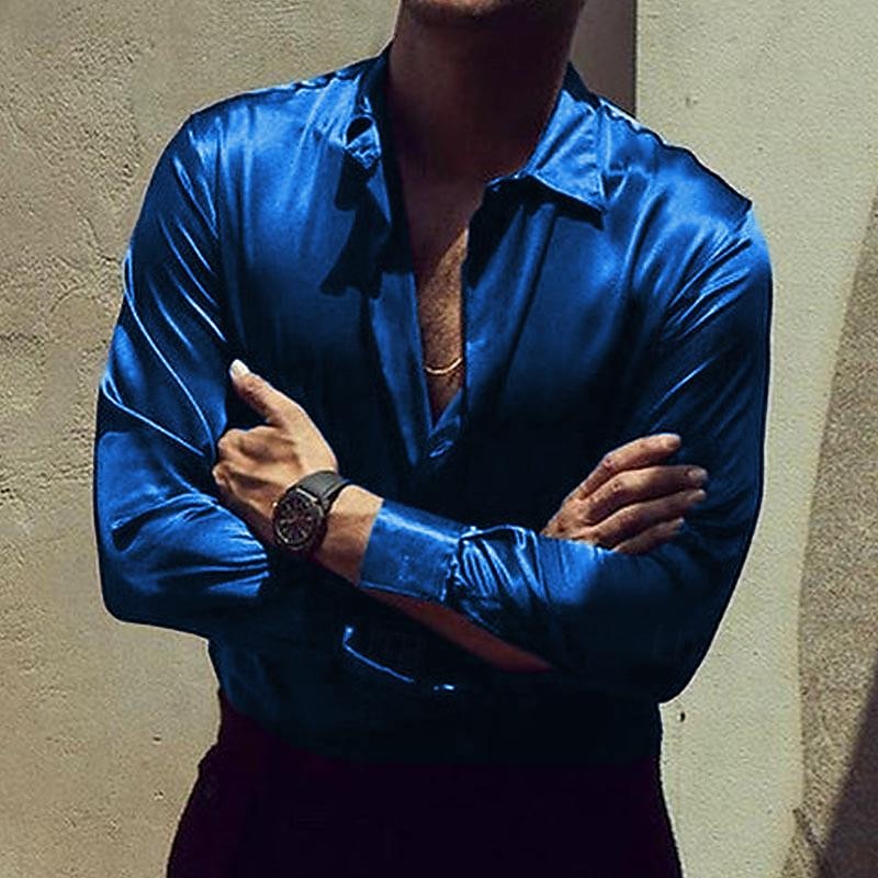 Herren Hemd Satinhemd Lässiges Hemd Knopfhemd Glatt Hochzeit Urlaub Schwarz Weiß Wein Blau Langarm Umlegekragen Sommer Frühling & Herbst Bekleidung 2025 - $24.99 –P5