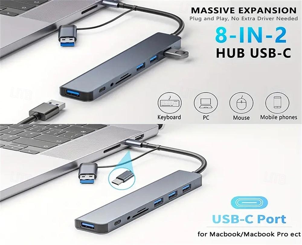 8-in-1 USB C Hub Multiport Adapter with USB 3.0, USB 2.0, Type-C, SD/TF Card Reader, 3.5mm Audio Jack – Compatible with MacBook, Windows, Android, iPad, OTG Devices Plug and Play 2025 - $23.99 –P2