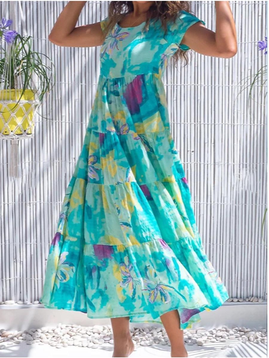 Női EU / USA méret Hosszú ruha Maxi ruha Swing ruha Fodros ruha Boho ruha Tropikus Boho Otthon Szabadság Normál Virágos Ditsy virágos Rövid ujjú Terített nyak Bor Medence Lóhere Nyár Ősz 2025 - $35.99 –P5