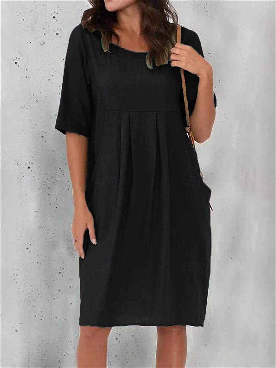 Damen Schwarz Wein Blau Sommer Frühling Minikleid Baumwoll-Leinen-Kleider Freizeitkleid Basic Modern Täglich Wochenende Lässiger Schnitt Einfach Rundhalsausschnitt 2025 - $26.99 –P5