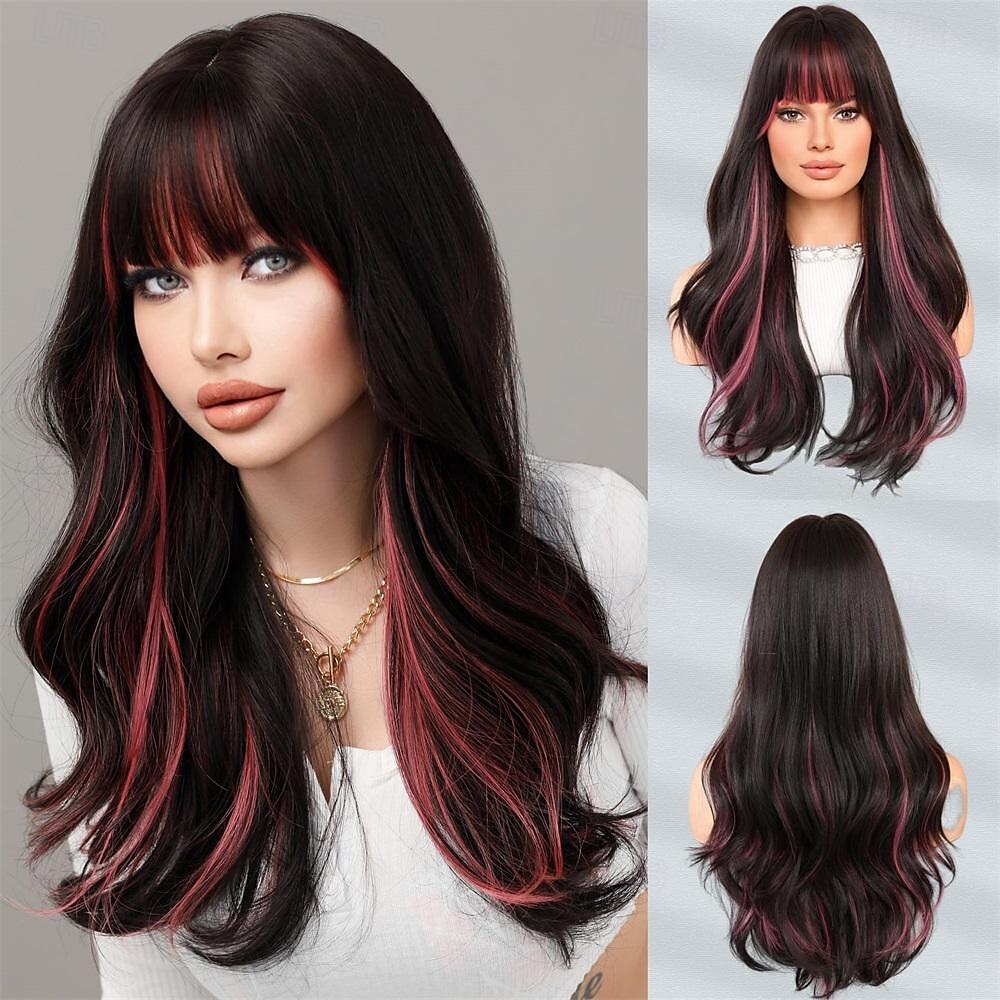 lunghe parrucche ondulate viola con frangia 26 pollici ricci sintetici parrucche ombre resistenti al cuore per le donne cosplay di feste quotidiane usate del 2025 a $21.99 –P5