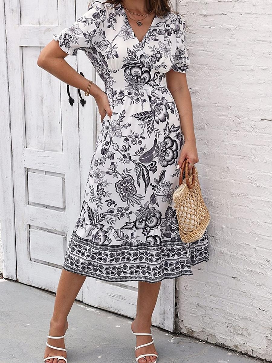 Damen Midikleid Casual kleid Schaukelkleid A Linie Kleid Sommerkleid Strassenmode A-Linie Urlaub Strasse Festtage Regular Fit Blumen Kurzarm V Ausschnitt Schwarz Rote Blau Grün Sommer 2026 - $27.99 –P8