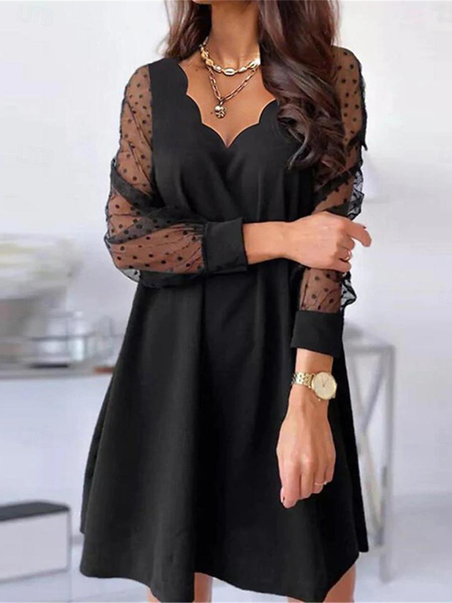 Damen Freizeitkleid Blumen Mesh Patchwork Wellenkanten Minikleid Urlaub Langarm Sommer 2026 - $26.99 –P5