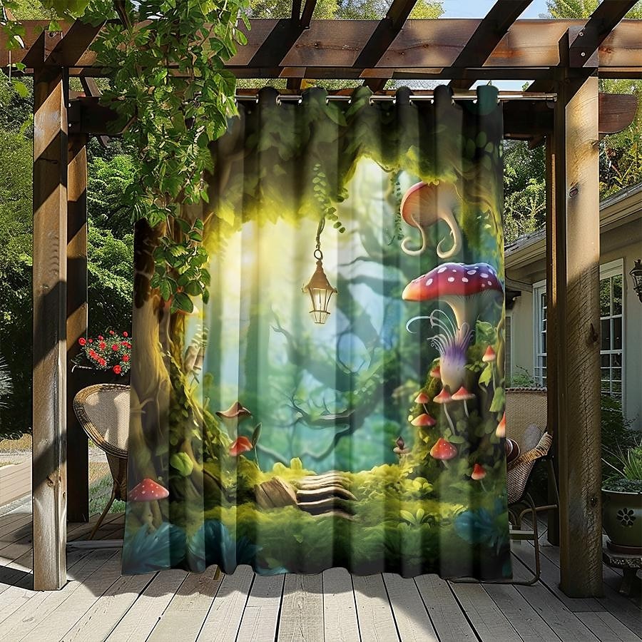Wasserdichter Outdoor Vorhang Außenvorhang für Privatsphäre, Außenjalousien, verschiebbare Terrassenvorhangvorhänge, Pergolavorhänge mit Ösen, Pilzwald für Pavillon, Balkon, Veranda, Party 2025 - $28.99 –P2