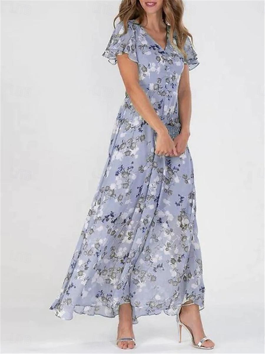 abito lungo da donna stampa floreale scollo a V maniche a palloncino fluido blu bianco elegante da sposa per festa in giardino estate primavera silhouette femminile leggero comodo varie taglie del 2025 a $41.99 –P2