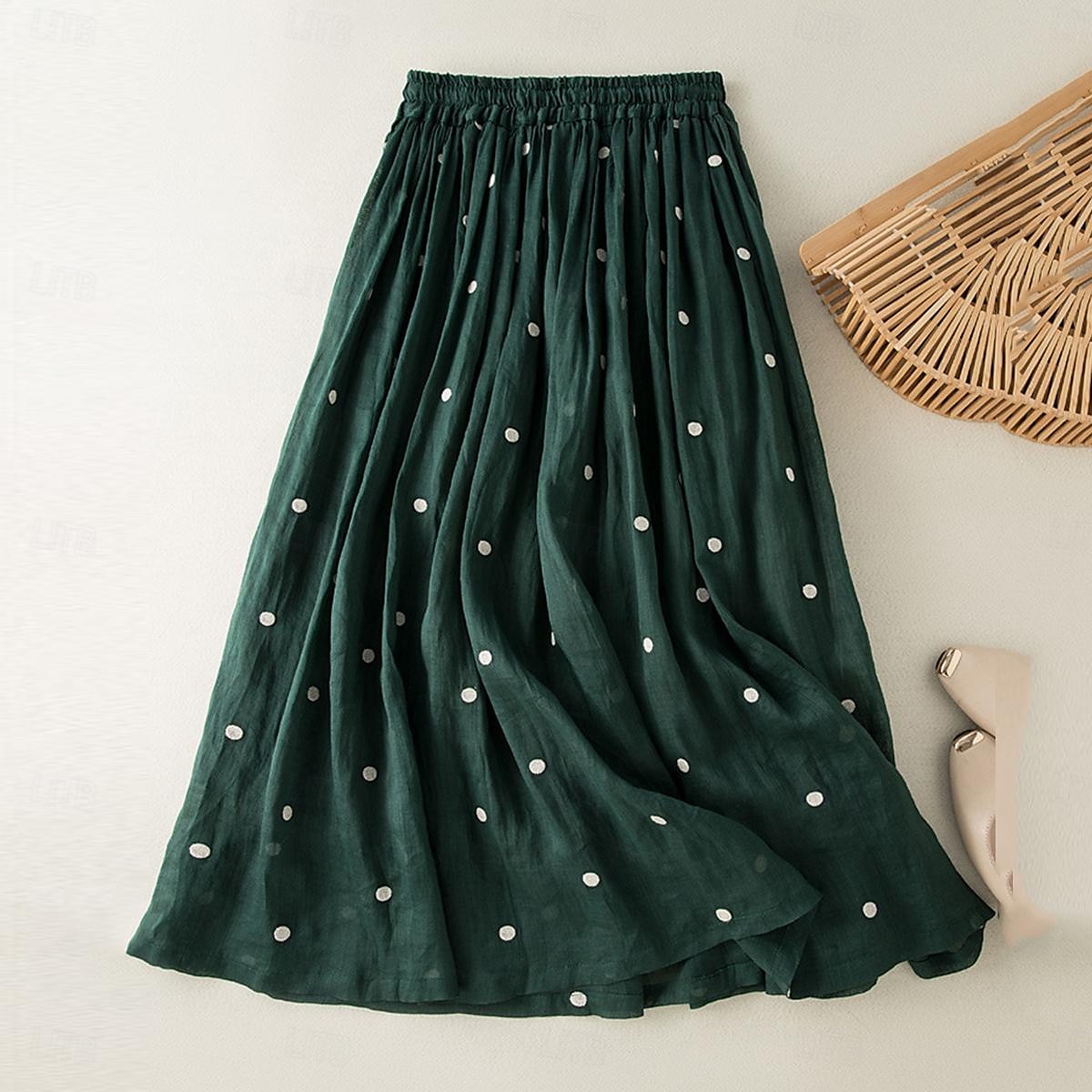 Femme Jupe Trapèze Mode Décontractées Maxi Taille haute Jupes Pois Imprimer Casual Quotidien Fin de semaine Jaune bleu marine Marron Vert Eté Coton et lin de 2025 ? $46.99 –P14