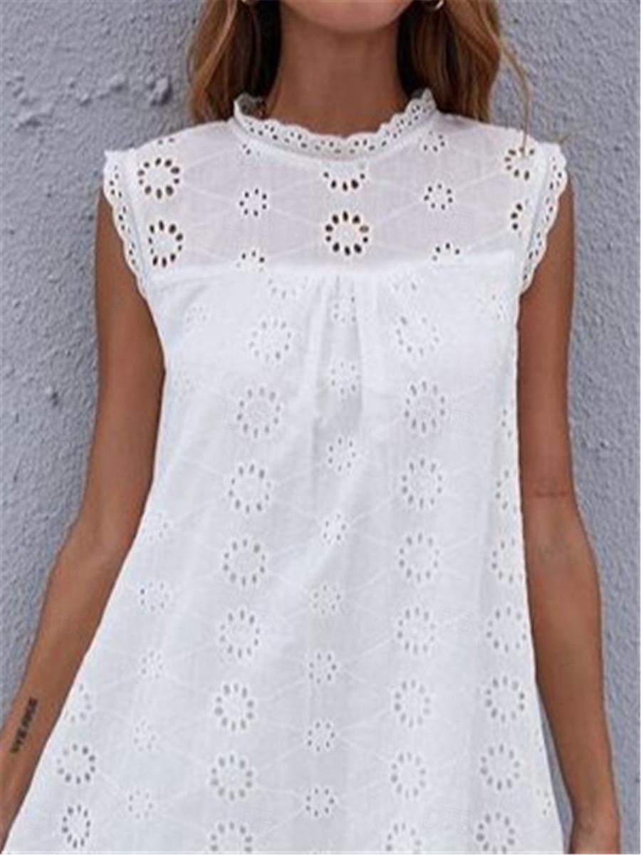 Dam Vit klänning Mini klänning Spets Lappverk Datum Semester Streetwear Hög krage Ärmlös Vit Färg 2025 - $46.99 –P2