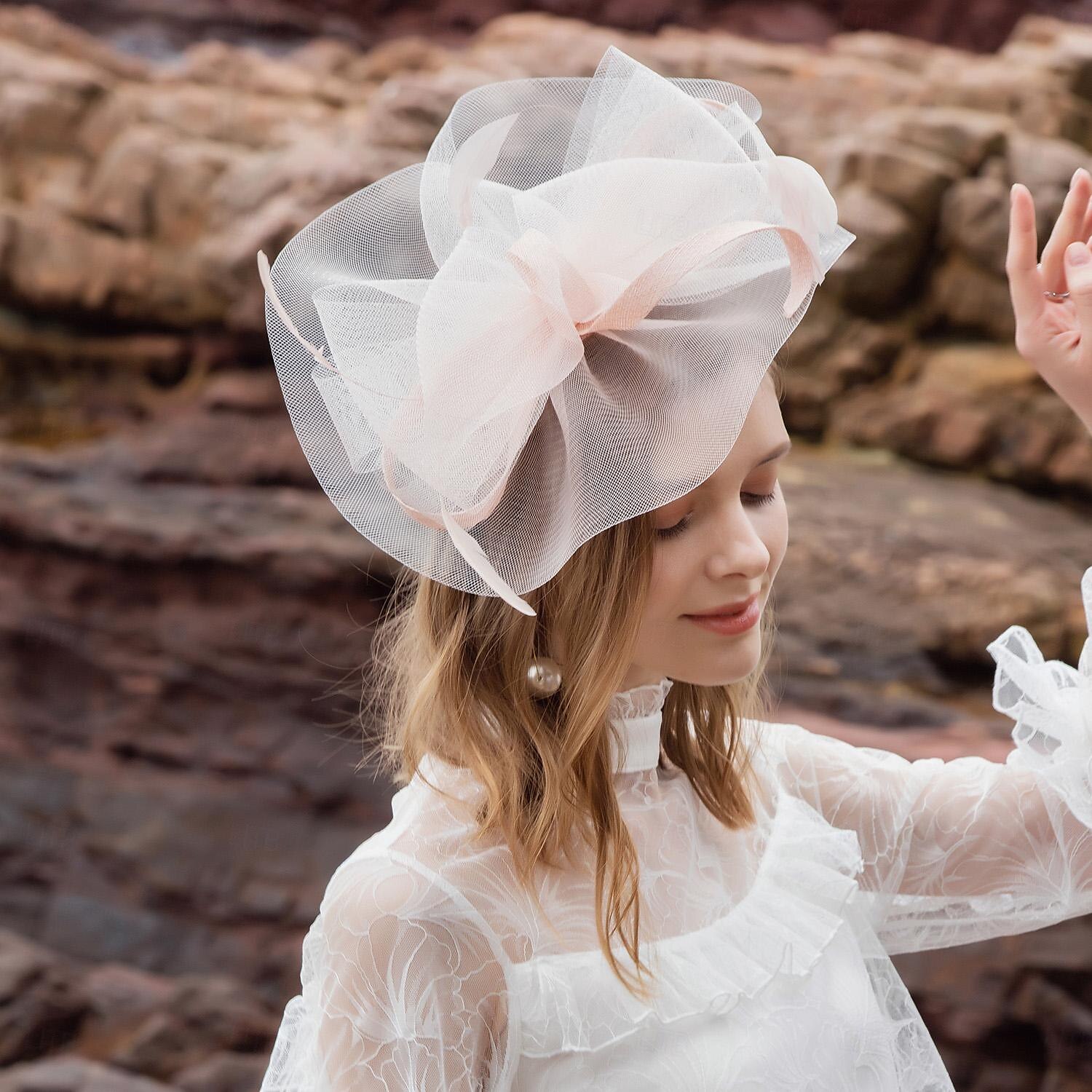 fasce cappelli copricapo tulle organza cappello floscio cappello da sole piattino cappello da sposa tea party matrimonio elegante con bowknot copricapo copricapo del 2025 a $42.99 –P7