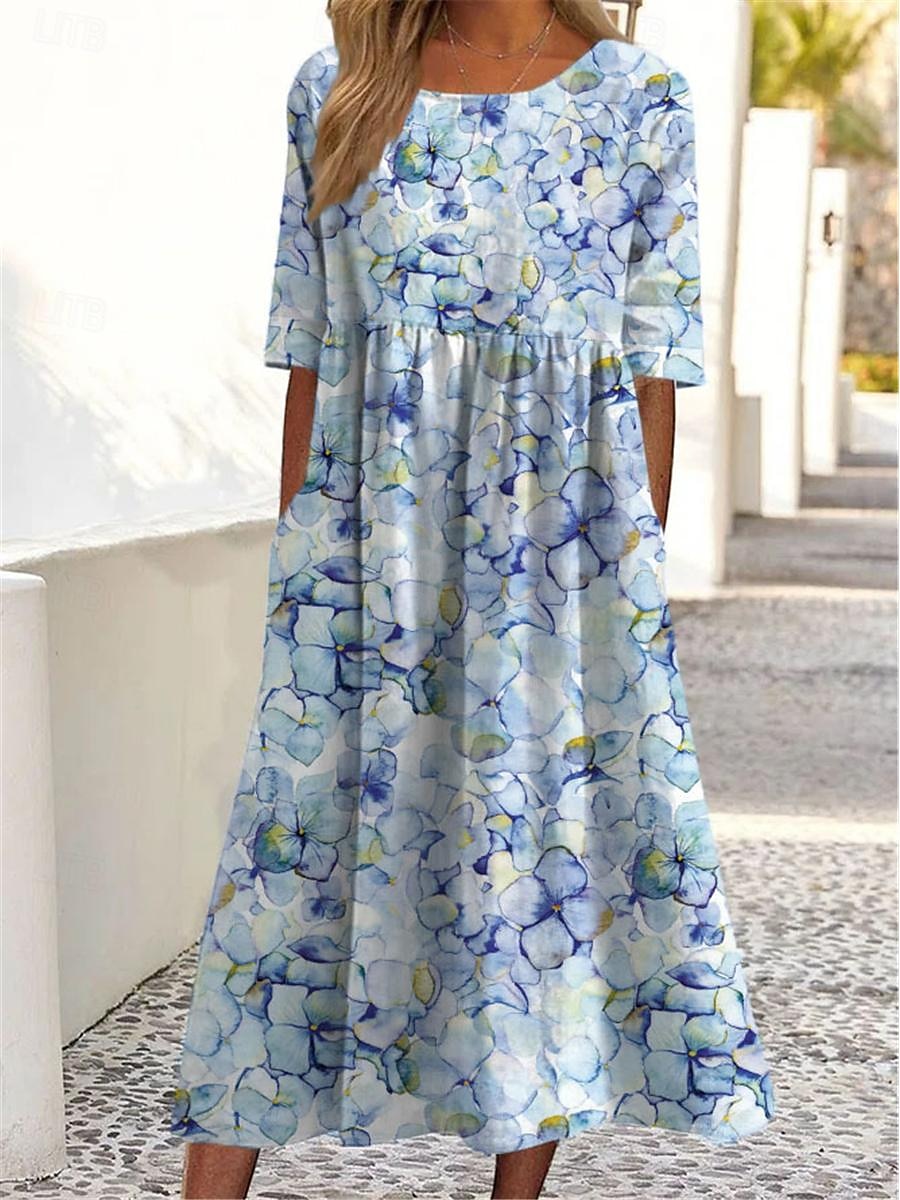 rochie maxi dama imprimeu floral maneca scurta decolteu albastru deschis casual elegant primavara vara petrecere in gradina imbracaminte de plaja imbracaminte marime 2025 - $25.99 –P5