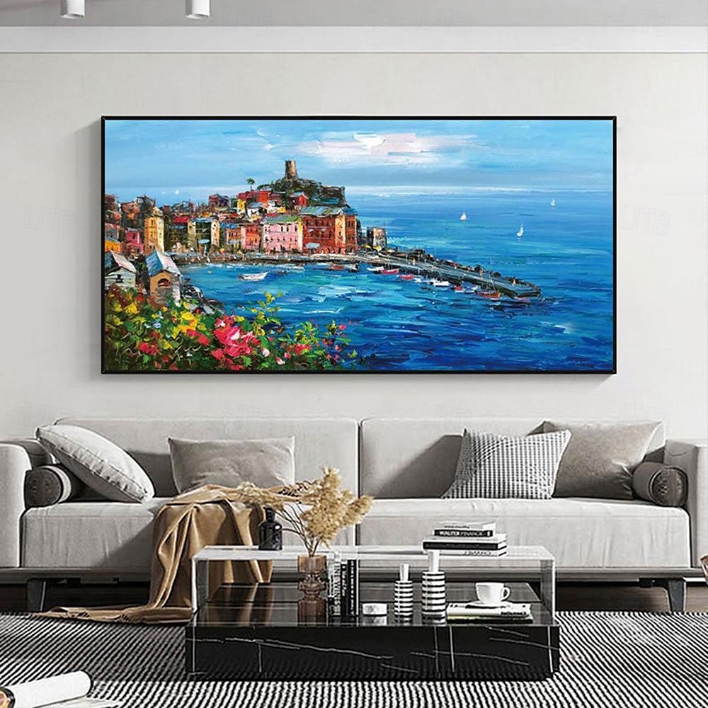 met de hand geschilderd mediterraan landschap olieverfschilderij op canvas impressionistisch schilderij van de middellandse zee canvas kunst getextureerde kustschildering muurkunst schilderij voor 2025 - $66.99 –P2