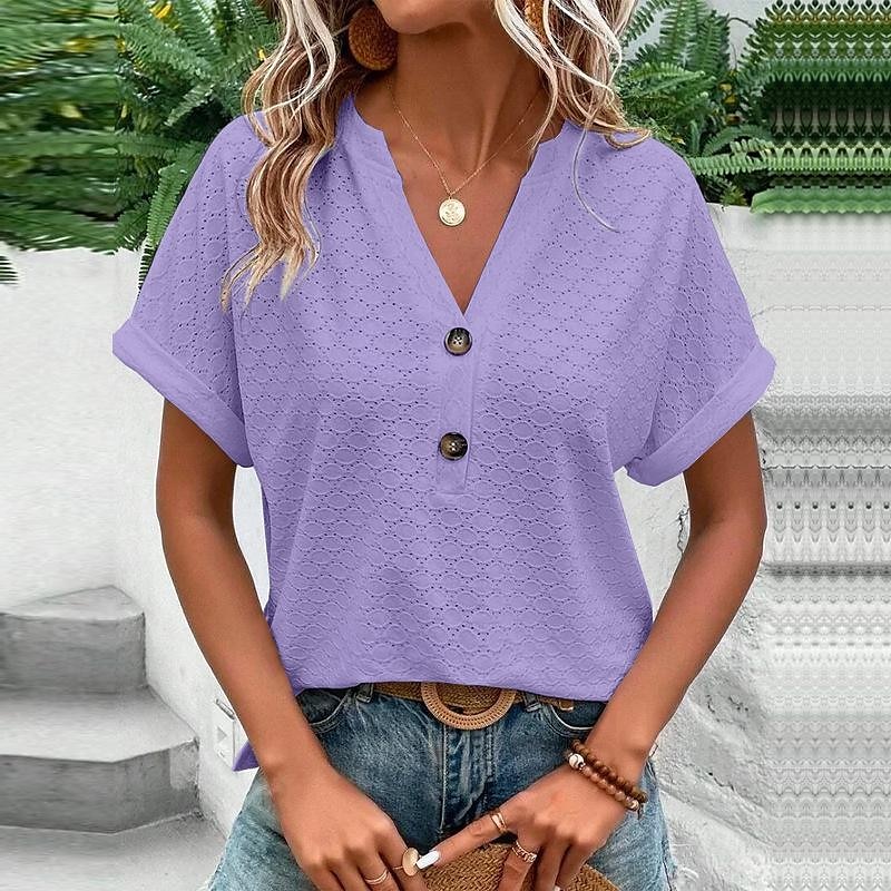 chemisier femme dentelle à œillets col en V blanc boutonné devant manches courtes haut d'été décontracté léger respirant coupe ample de 2025 ? $21.99 –P6