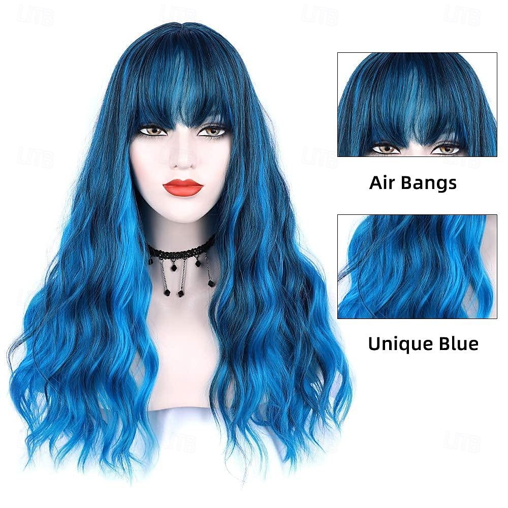 perucă albastră cu breton perucă albastră lungă ondulată cu breton de aer peruci sintetice pentru femei peruci ondulate pentru petrecerea zilnică cosplay peruci de carnaval de 24 inch 2025 - $18.49 –P2