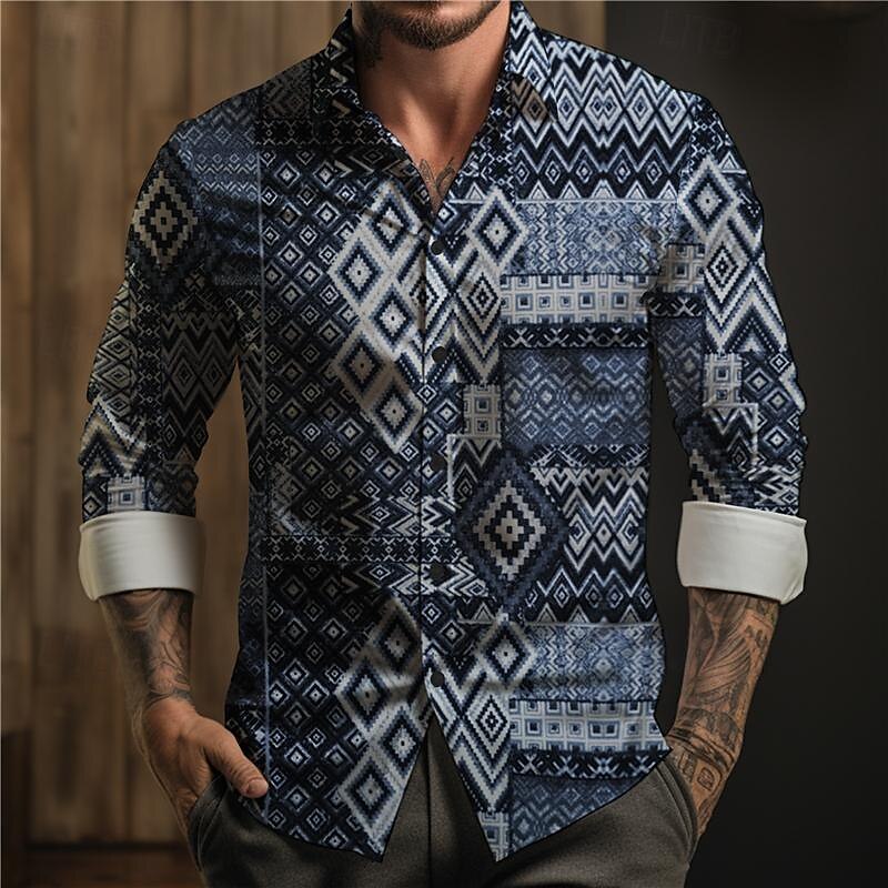 Per uomo Azteca Geometrica Tribale Camicia con bottoni Camicie stampate Manica lunga Boho Da mare Strada Corsa di cavalli Primavera estate Collo ripiegabile Stampa Bottone giù Rosa Rosso Blu marino del 2025 a $24.99 –P4