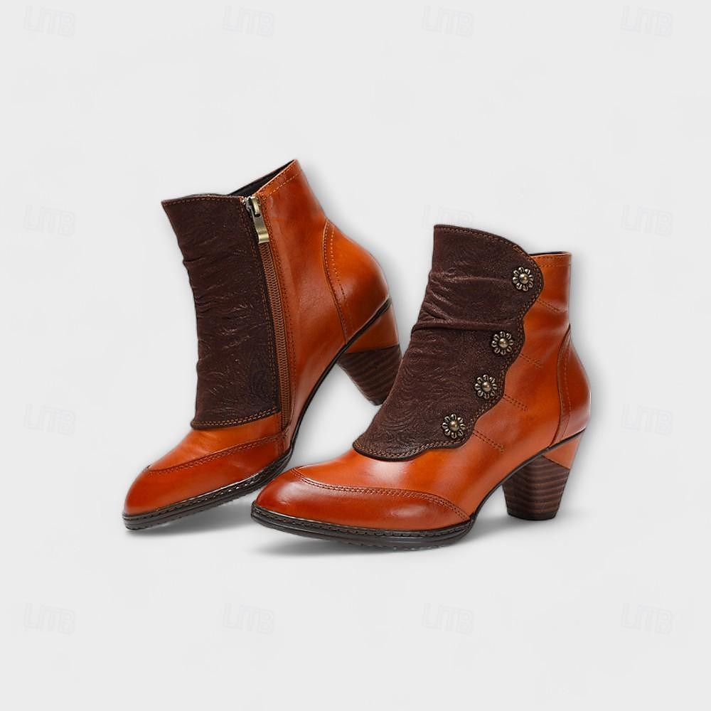 damskie botki vintage z czerwonej skóry – najwyższej jakości skóra bydlęca z kwiatowymi akcentami guzikowymi i grubym obcasem, idealne do stylu retro i na co dzień 2026 - $94.99 –P8