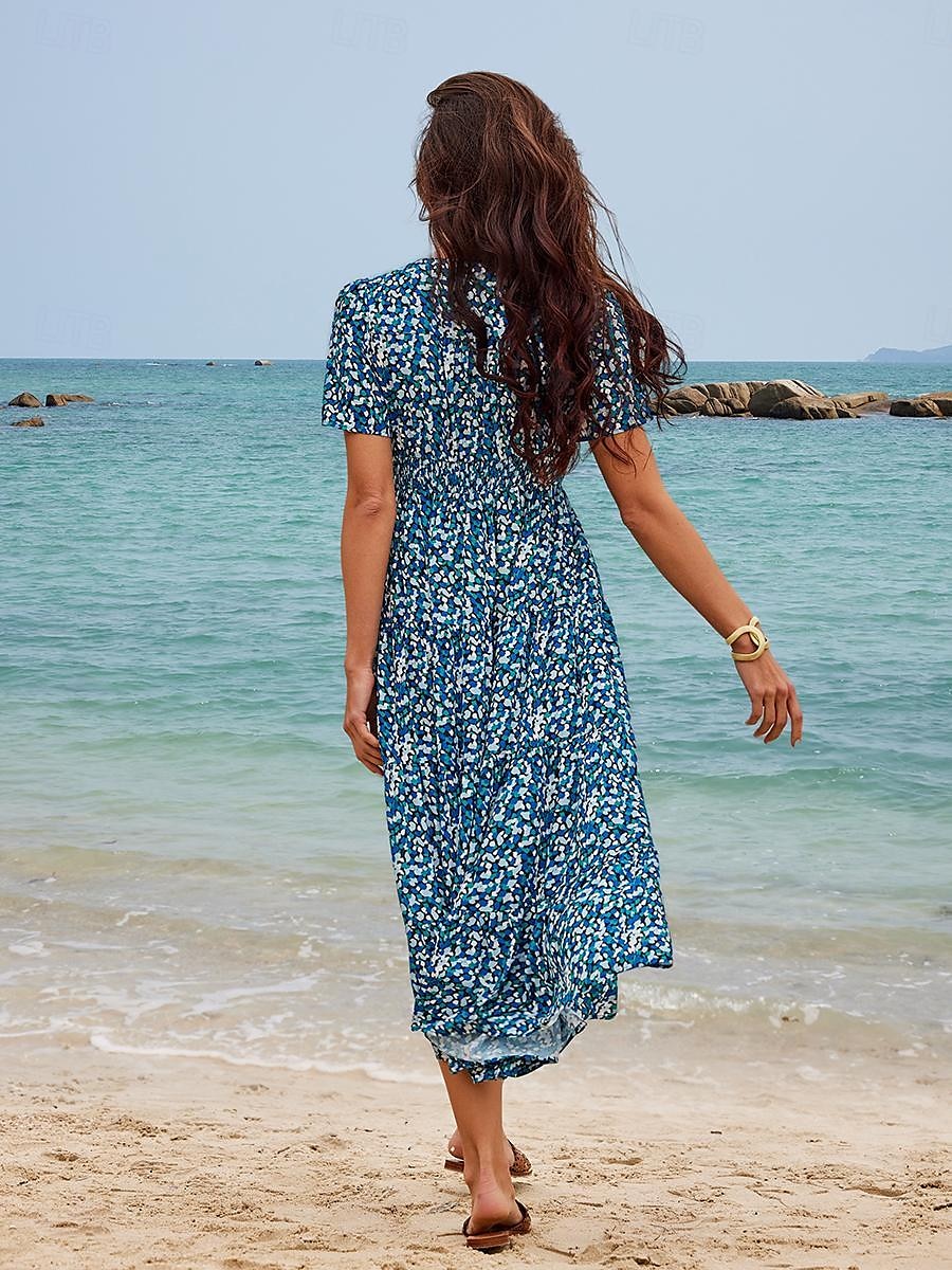 robe mi-longue pour femme à manches courtes col en V imprimé floral style bohème vêtements de plage confortables pour vacances bleu blanc été printemps vêtements de 2025 ? $39.99 –P4