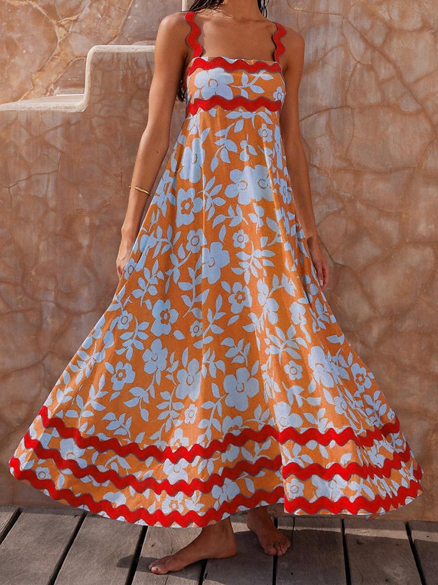 Damen Freizeitkleid Unterkleid Strandkleid Blumen rückenfrei Print Träger langes Kleid Maxikleid tropischer Hawaiiurlaub ärmellos Sommer 2025 - $41.99 –P14