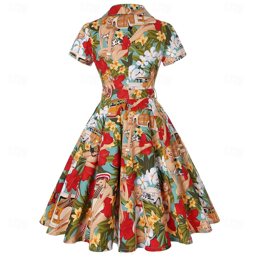 retro vintage 1950-es évek vakációs ruha flare ruha női jelmez vintage cosplay alkalmi mindennapi rövid ujjú ruha maskara 2025 - $53.99 –P9