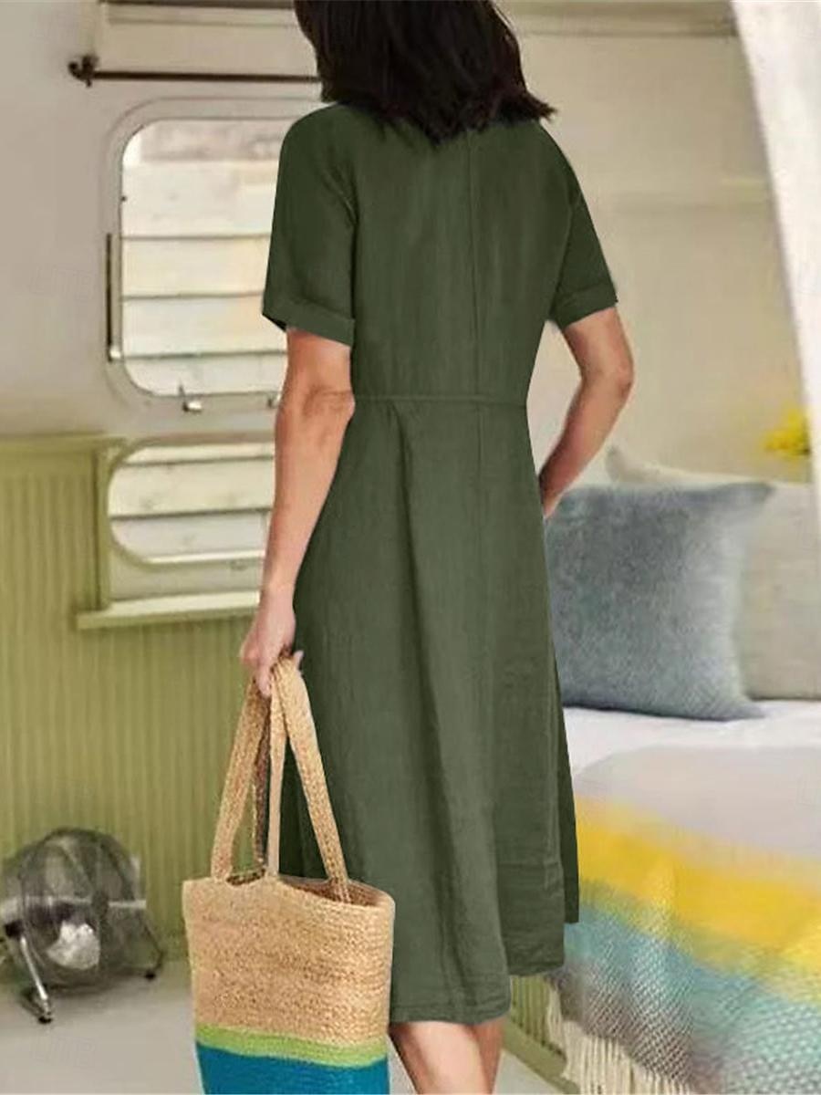 Damen Armeegrün Schwarz Weiß Sommer Frühling Midikleid Weißes Kleid Baumwoll-Leinen-Kleider Hemdblusenkleid Basic Modern Täglich Wochenende Lässiger Schnitt Einfach V Ausschnitt 2025 - $26.99 –P4