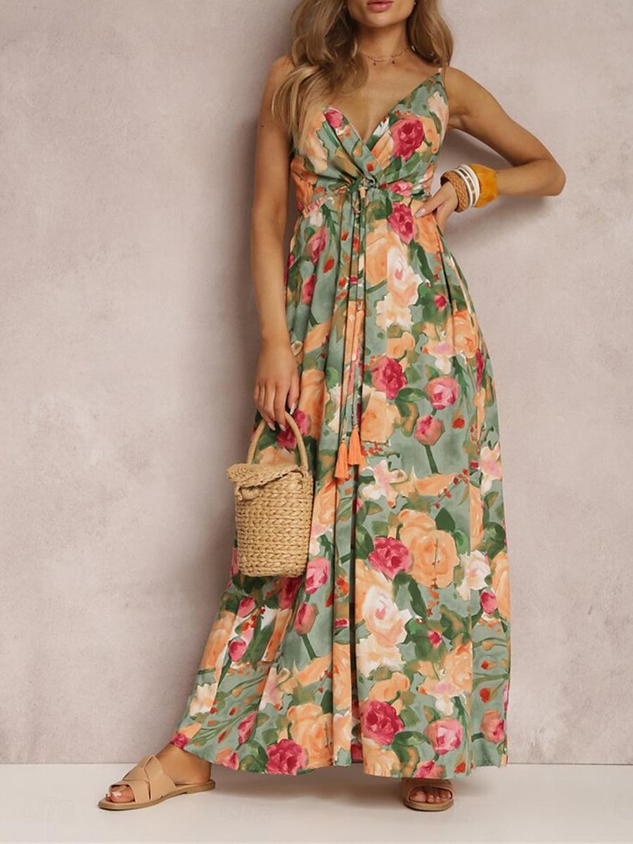 Damen Freizeitkleid Unterkleid Blumen rückenfrei Print Träger langes Kleid Maxikleid Hawaii Urlaub Strand ärmellos Sommer 2025 - $41.99 –P2