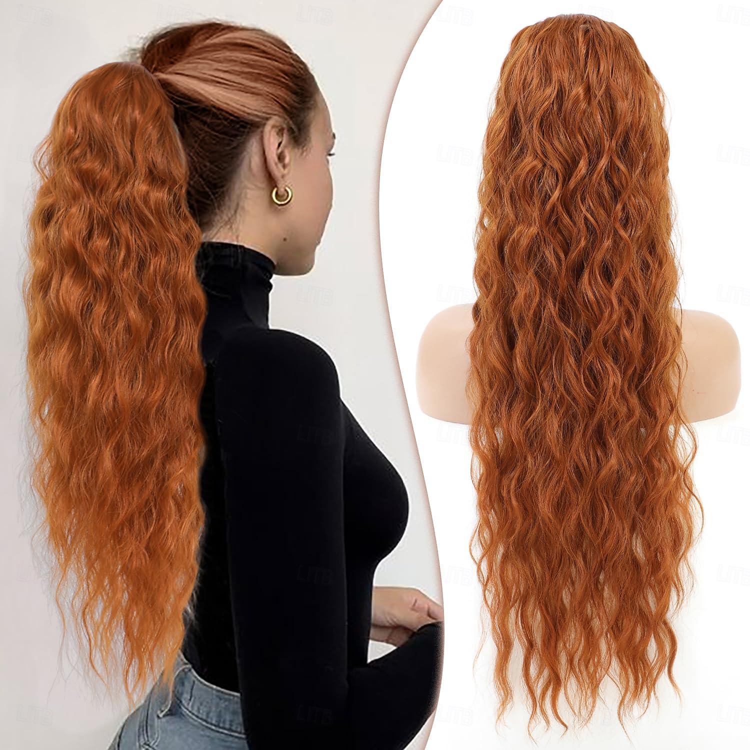 Cordon queue de cheval extensions de cheveux cuivre rouge longue bouclée ondulée queue de cheval naturel ondulé postiches synthétiques pour les femmes de 2025 ? $11.99 –P1