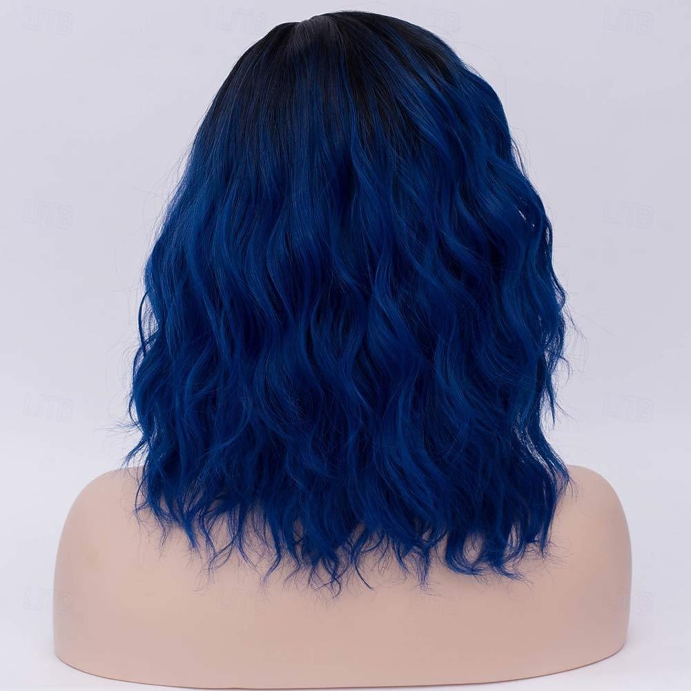 Pelucas negras y azules para mujeres niñas, peluca de cabello corto, rizado, ondulado, estilo bob, color azul oscuro, degradado, onda corporal, resistente al calor, sintética, para cosplay, fiestas 2025 - $19.49 –P4