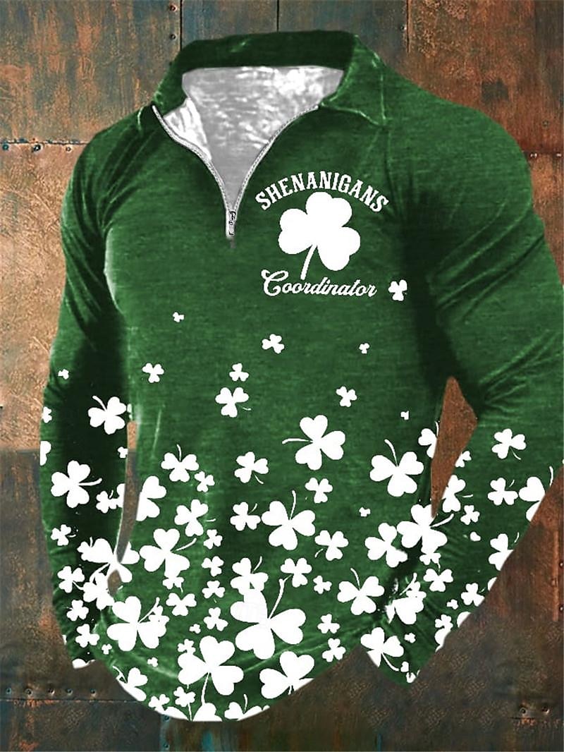 St.Patrick's Day Men's Zip Polo Polo Shirt Golf Shirt Saint Patrick Day St. Patrick's Day Clover Turndown Black White Green Outdoor Street Long Sleeve Zipper Print Clothing Apparel Fashion Streetwear 2025 - $23.99 –P4
