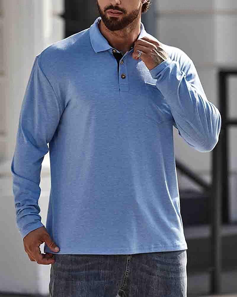Herren Poloshirt aus Baumwolle Golfhemd Arbeit Casual Kargen Langarm Basic Modern Glatt Taste Tasche Frühling & Herbst Regular Fit Dunkelrot Wein Aprikose Dunkelgrau Wasserblau Schwarz Poloshirt aus 2025 - $18.99 –P3