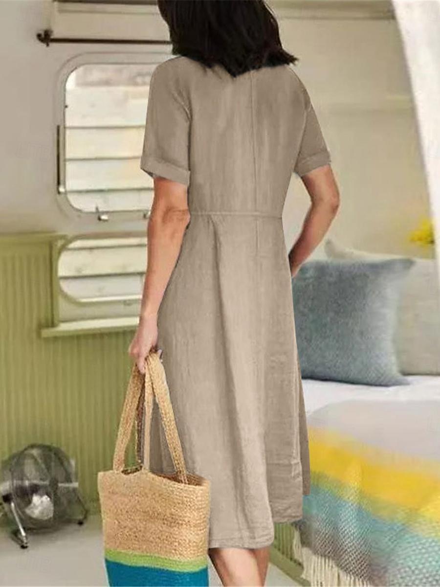 Damen Armeegrün Schwarz Weiß Sommer Frühling Midikleid Weißes Kleid Baumwoll-Leinen-Kleider Hemdblusenkleid Basic Modern Täglich Wochenende Lässiger Schnitt Einfach V Ausschnitt 2025 - $26.99 –P8