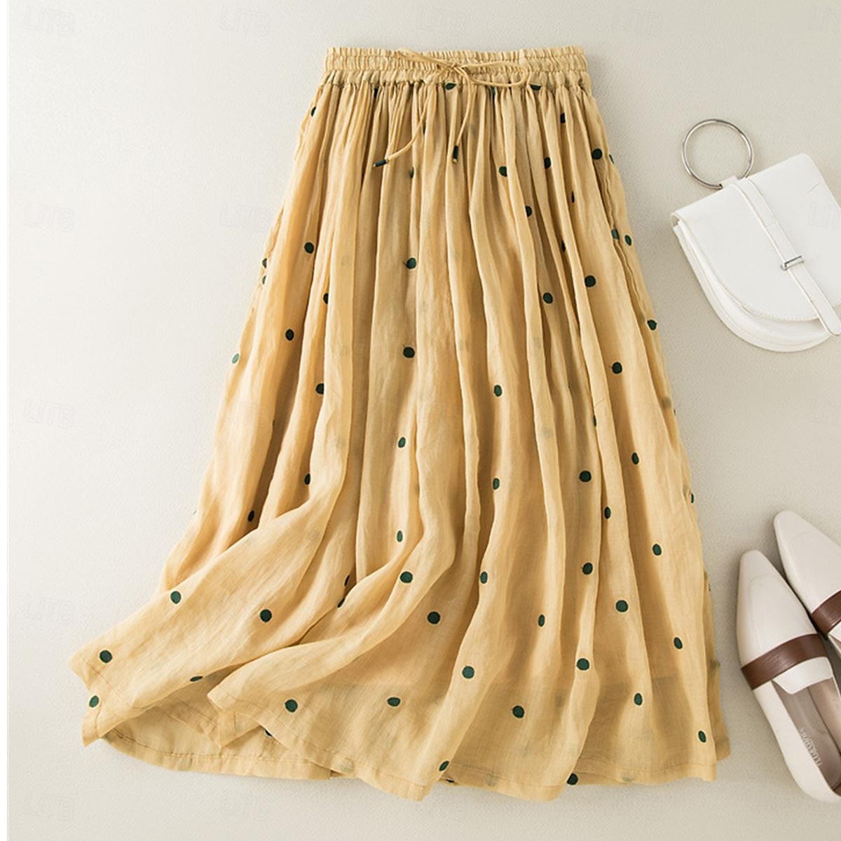 Femme Jupe Trapèze Mode Décontractées Maxi Taille haute Jupes Pois Imprimer Casual Quotidien Fin de semaine Jaune bleu marine Marron Vert Eté Coton et lin de 2025 ? $46.99 –P9
