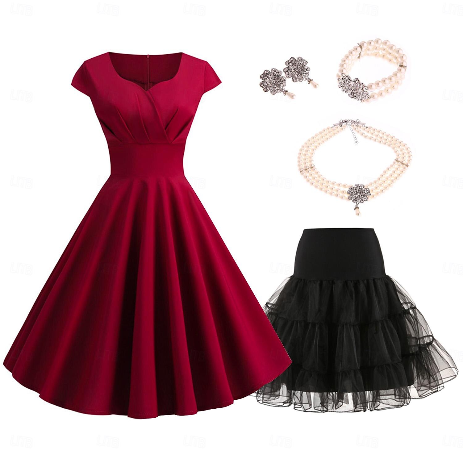 conjunto com vestido vintage flare colar de pérolas falsas brincos pulseira com anágua tutu sob a saia 1950 anos 1960 rockbility vestido retrô vintage feminino 6 peças roupas primavera verão roupa de 2025 por $48.99 –P6