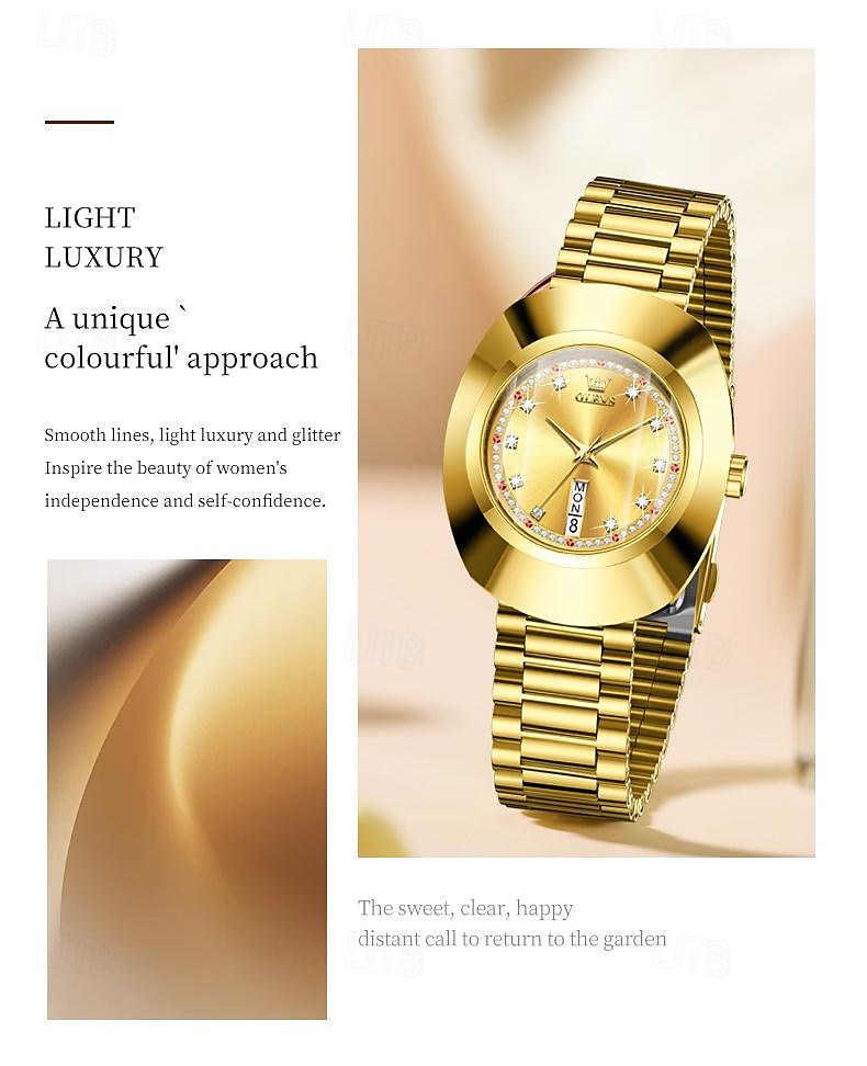 OLEVS Women's Watches Luxury Gold Large Dial Original Wristwatch for Girl Waterproof Luminous Fashionable Diamond Dial Date Week 7017 2025 - $46.99 –P6