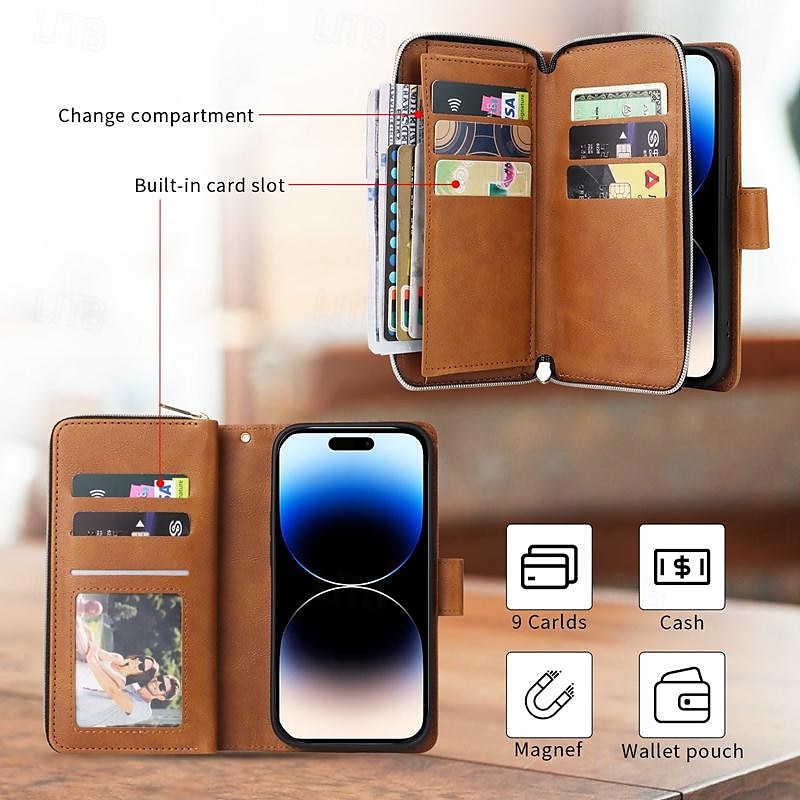 Чехол для iPhone 16 iPhone 15 Pro Max iPhone 14 13 12 11 Pro Max Mini SE X XR XS Max 8 7 Plus с кошельком и молнией с запястным ремешком подставка ретро TPU PU-кожа 2025 - $24.99 –P10
