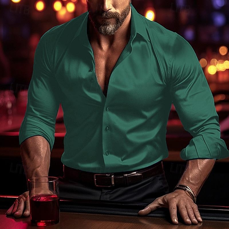 Men's Shirt Satin Shirt Casual Shirt Button Up Shirt Plain Wedding Vacation Black White Wine Blue Long Sleeve Lapel Spring & Fall Clothing Apparel 2025 - $26.99 –P5