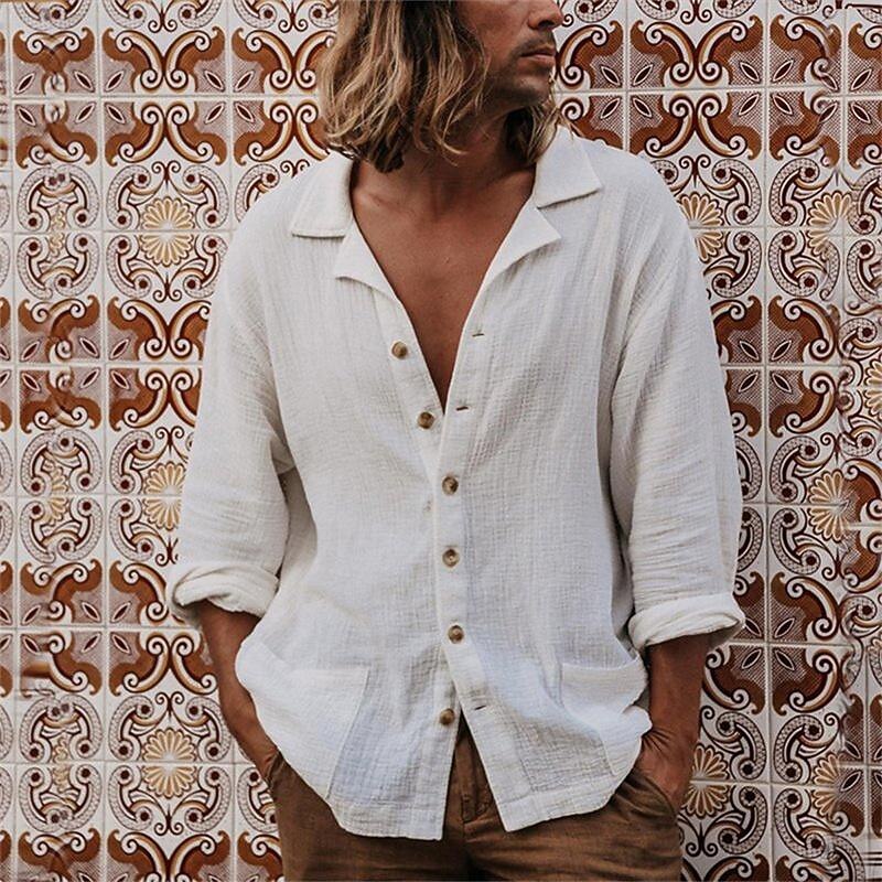 Per uomo Camicia Camicia di lino Camicia bianca di cotone Camicia Estiva Camicia da Spiaggia Camicia in cotone e lino Semplice Vacanza Camicia hawaiana Bianco Manica Lunga Collo Camp Primavera del 2025 a $27.99 –P1