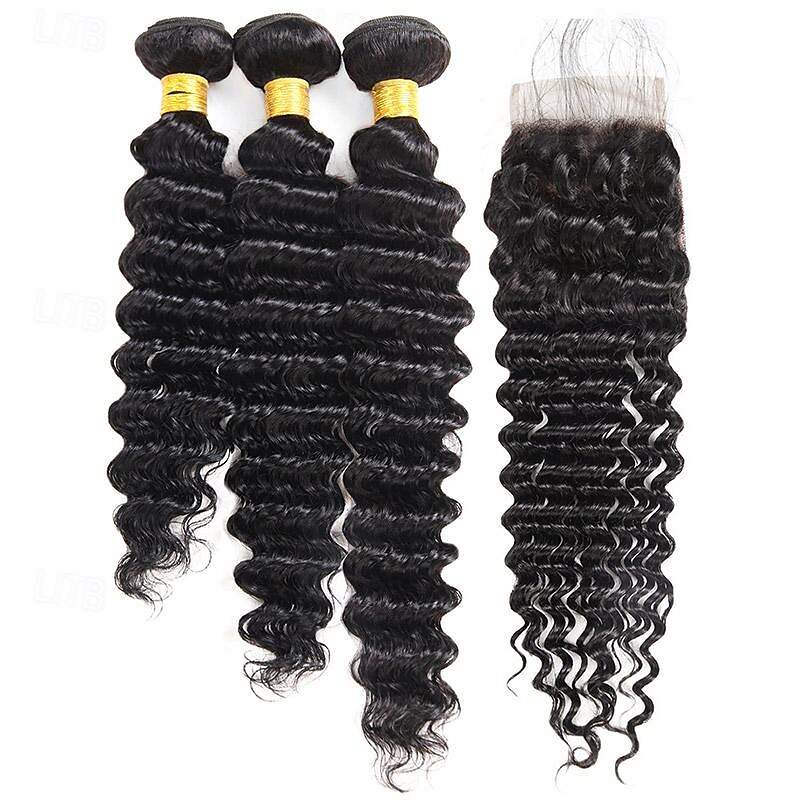 ishow capelli onda profonda fasci di capelli umani con chiusura frontale hd estensione del tessuto dei capelli brasiliani del merletto fasci di capelli 3/4 fasci di capelli con chiusura del 2025 a $217.19 –P1