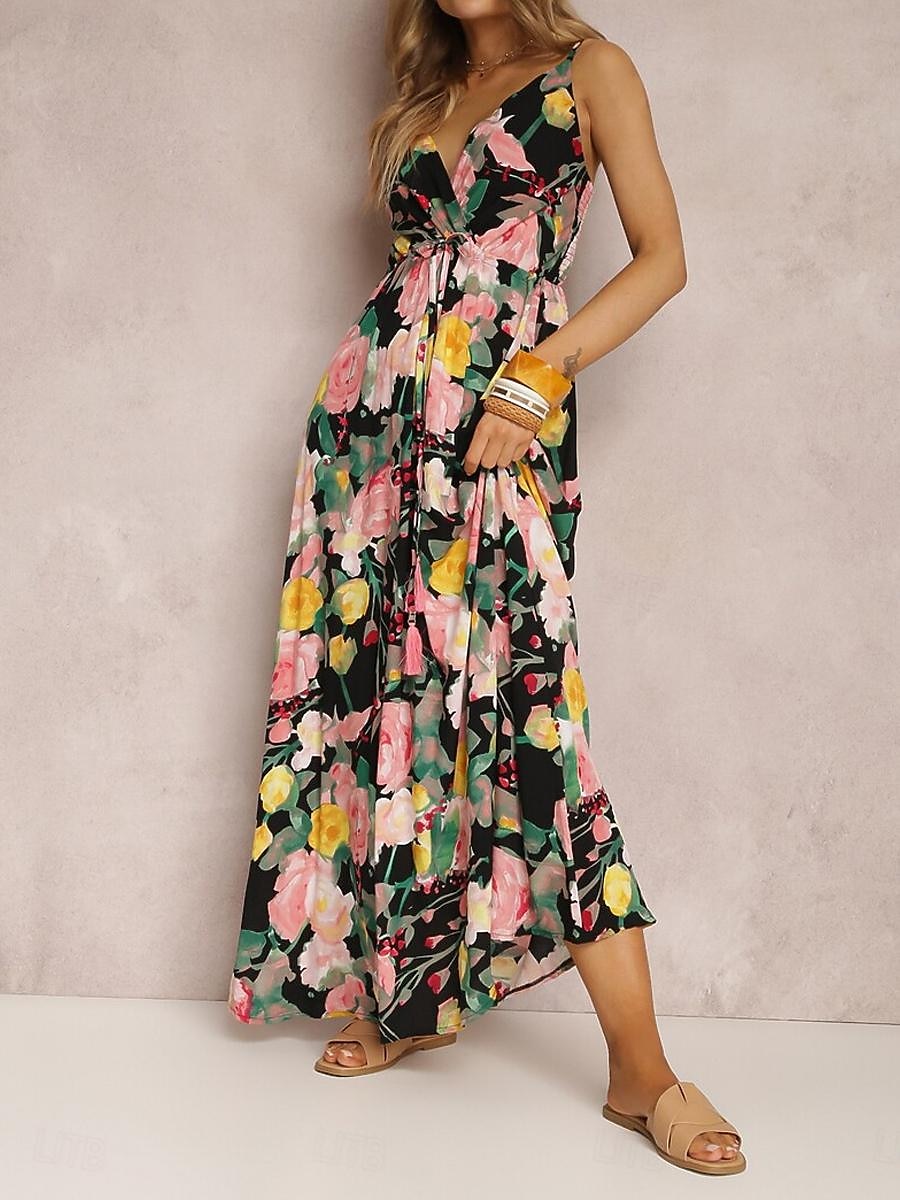 Damen Freizeitkleid Unterkleid Blumen rückenfrei Print Träger langes Kleid Maxikleid Hawaii Urlaub Strand ärmellos Sommer 2025 - $41.99 –P10