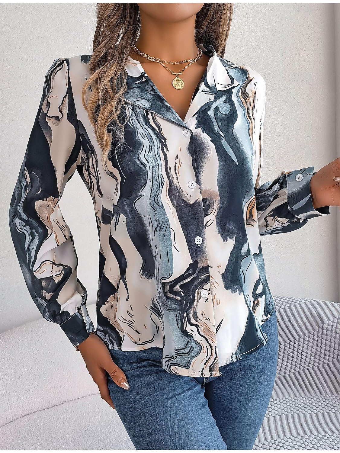 dames overhemd blouse mode abstract knopen print lange mouw normale tops overhemd kraag casual geel rood blauw paars groen lente& val 2025 - $29.99 –P9