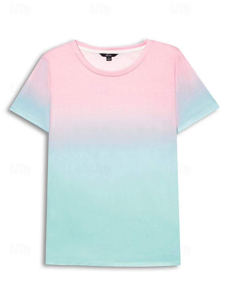 Women's T Shirt Ombre Color Gradient Fashion Short Sleeve Round Neck Regular Tops Vacation Daily Going out Print Yellow Blue Orange Light Blue Summer 2025 - $19.99 –P5