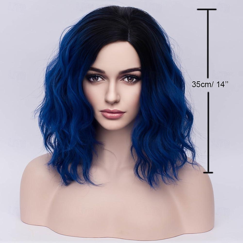 Pelucas negras y azules para mujeres niñas, peluca de cabello corto, rizado, ondulado, estilo bob, color azul oscuro, degradado, onda corporal, resistente al calor, sintética, para cosplay, fiestas 2025 - $19.49 –P3