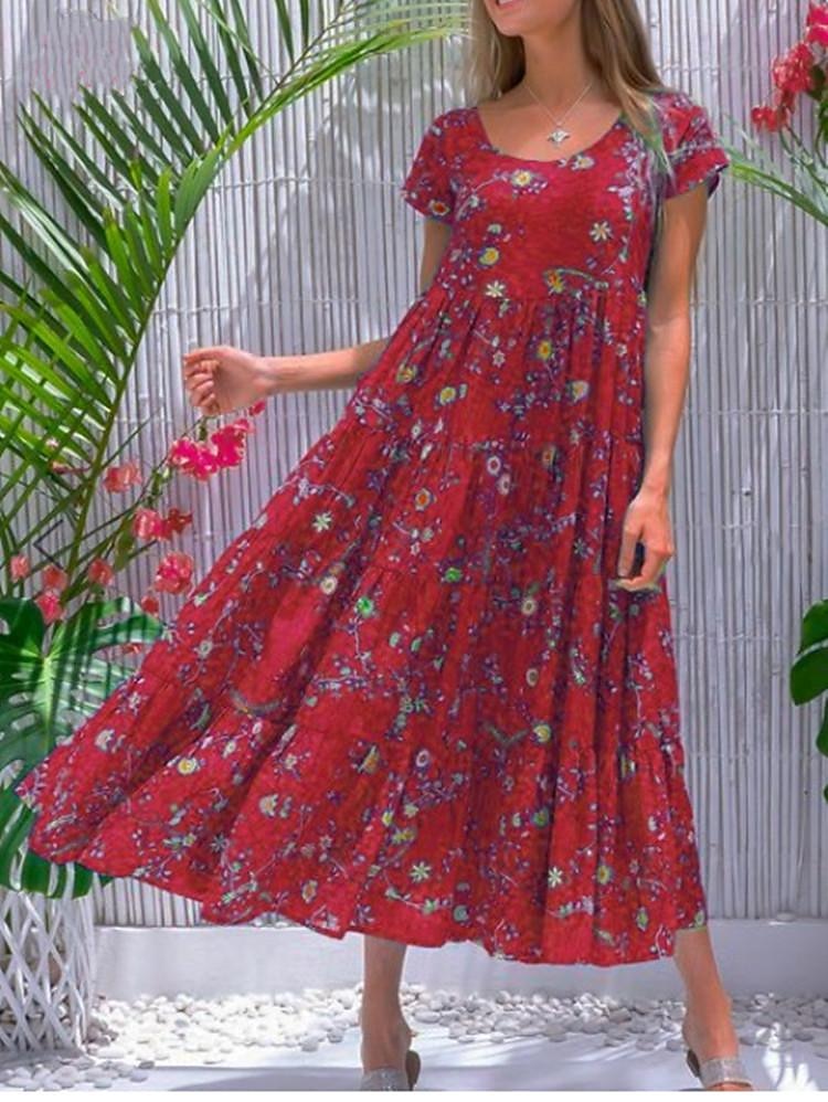 Női EU / USA méret Hosszú ruha Maxi ruha Swing ruha Fodros ruha Boho ruha Tropikus Boho Otthon Szabadság Normál Virágos Ditsy virágos Rövid ujjú Terített nyak Bor Medence Lóhere Nyár Ősz 2025 - $35.99 –P4